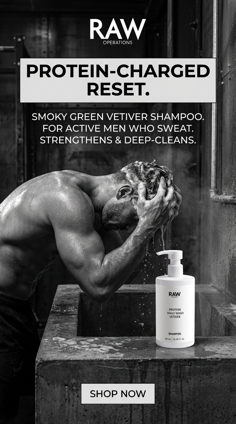 Man washing his hair with a bottle of Raw shampoo on a rustic background